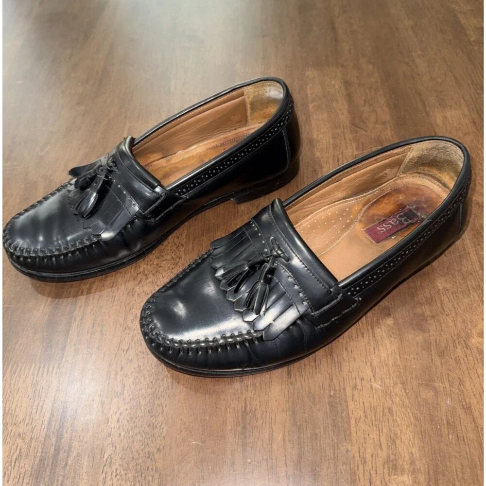 Bass Grammer Black Leather Tassel Kiltie Moc Toe Loafers Mens 9.5EE Wide Brazil